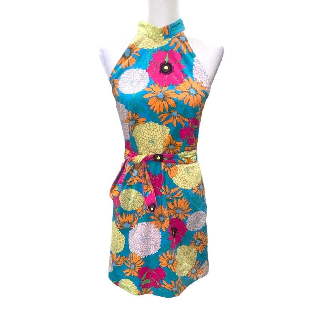 CK Bradley Floral Tie Halter Neck Belted Bow Detail Vintage Sheath Mini Dress  6